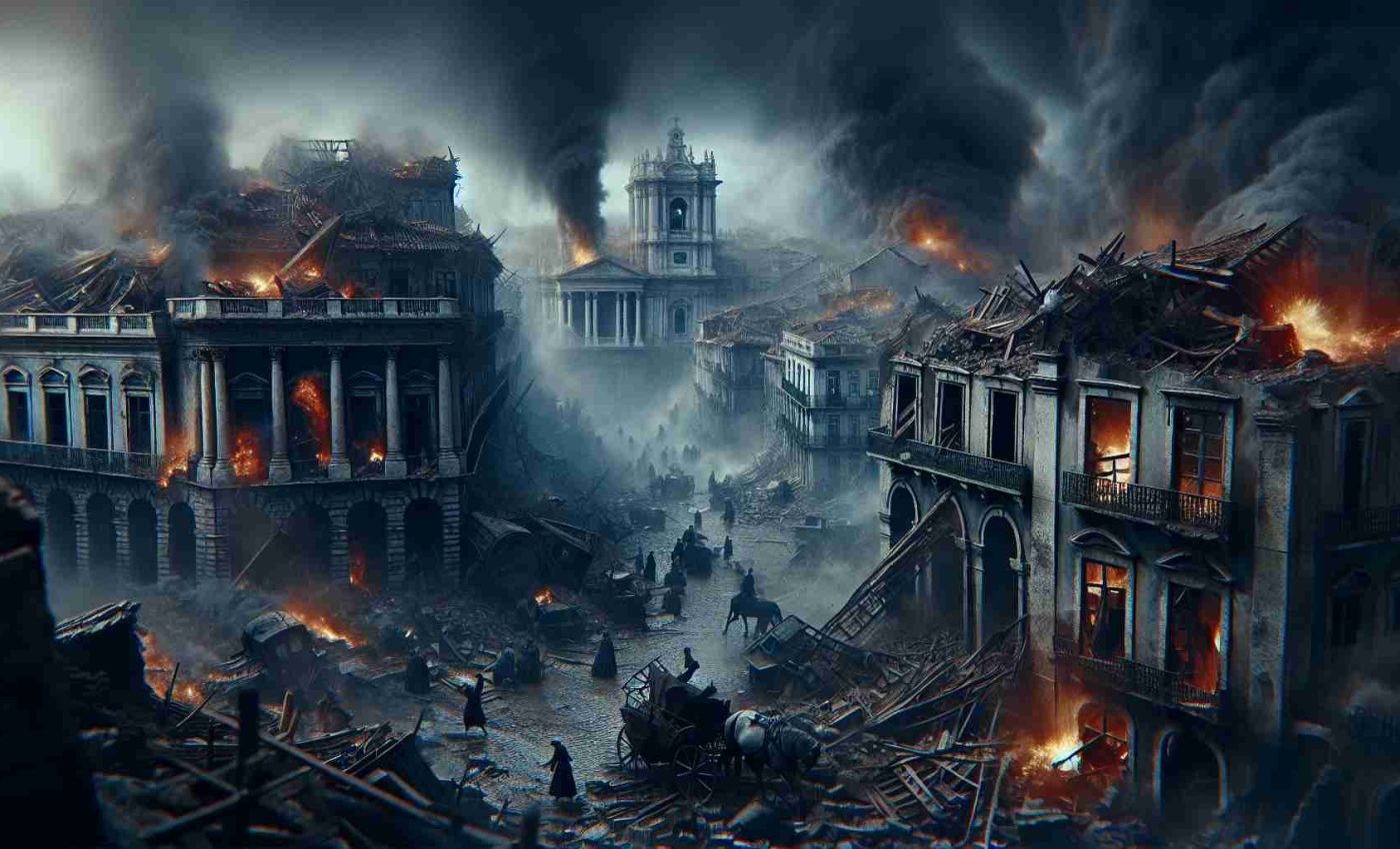 High resolution, realistic image capturing the catastrophic events that took place in Lisbon in 1755. The visual should accurately depict the era, showing the overwhelming destruction and chaos in the city. Include ruined buildings, fires raging, and panicked people in the scene. Highlight the horror of that natural calamity in a way that is respectful and informed, yet powerful and emotionally stirring.