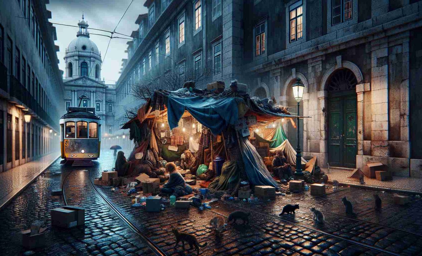 An intricately detailed, high-definition image that aims to capture the harsh reality of homelessness in Lisbon, Portugal. The scene unfolds in an urban landscape, where individuals of diverse descents and genders can be seen seeking refuge in less than ideal situations. A makeshift shelter assembled with cardboard and salvaged items is nestled against a historical stone building. Streetlights paint a soft glow onto rain-wetted cobblestones, contrasting with the shadowy figures wrapped in blankets. Stray cats roam the area, while a tram rumbles in the background, underscoring stark differences between everyday life and those struggling for survival.
