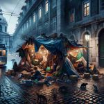 An intricately detailed, high-definition image that aims to capture the harsh reality of homelessness in Lisbon, Portugal. The scene unfolds in an urban landscape, where individuals of diverse descents and genders can be seen seeking refuge in less than ideal situations. A makeshift shelter assembled with cardboard and salvaged items is nestled against a historical stone building. Streetlights paint a soft glow onto rain-wetted cobblestones, contrasting with the shadowy figures wrapped in blankets. Stray cats roam the area, while a tram rumbles in the background, underscoring stark differences between everyday life and those struggling for survival.