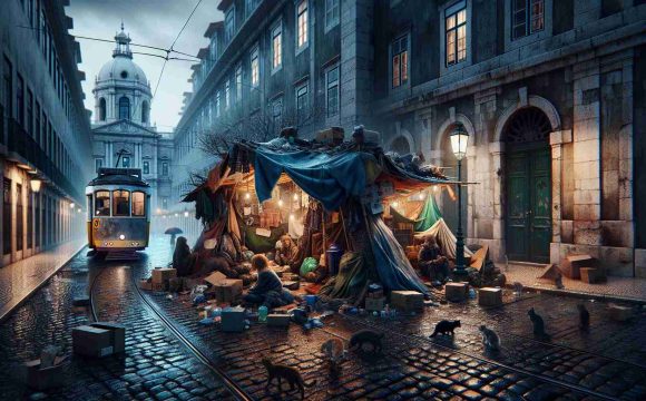 An intricately detailed, high-definition image that aims to capture the harsh reality of homelessness in Lisbon, Portugal. The scene unfolds in an urban landscape, where individuals of diverse descents and genders can be seen seeking refuge in less than ideal situations. A makeshift shelter assembled with cardboard and salvaged items is nestled against a historical stone building. Streetlights paint a soft glow onto rain-wetted cobblestones, contrasting with the shadowy figures wrapped in blankets. Stray cats roam the area, while a tram rumbles in the background, underscoring stark differences between everyday life and those struggling for survival.