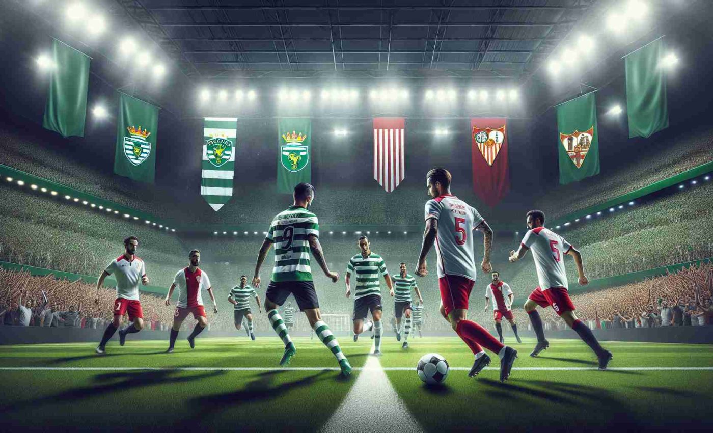 Create a photorealistic HD scenery showing an intense match between two renowned football clubs. One team is clad in green and white stripes, their sign a roaring lion - representing Sporting Lisbon - while on the other side of the field, stands another team dressed in white with a red emblem symbolizing Sevilla. Each side is skillfully maneuvering the ball with their eyes set on victory, their supporters loudly cheering in the background, creating an electric atmosphere. Capture the spots lit stadium, the rich green football pitch, the players in action, and the spectators filled with anticipation, turning the scene into a panorama of high-energy sporting competition.