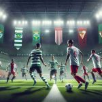 Create a photorealistic HD scenery showing an intense match between two renowned football clubs. One team is clad in green and white stripes, their sign a roaring lion - representing Sporting Lisbon - while on the other side of the field, stands another team dressed in white with a red emblem symbolizing Sevilla. Each side is skillfully maneuvering the ball with their eyes set on victory, their supporters loudly cheering in the background, creating an electric atmosphere. Capture the spots lit stadium, the rich green football pitch, the players in action, and the spectators filled with anticipation, turning the scene into a panorama of high-energy sporting competition.