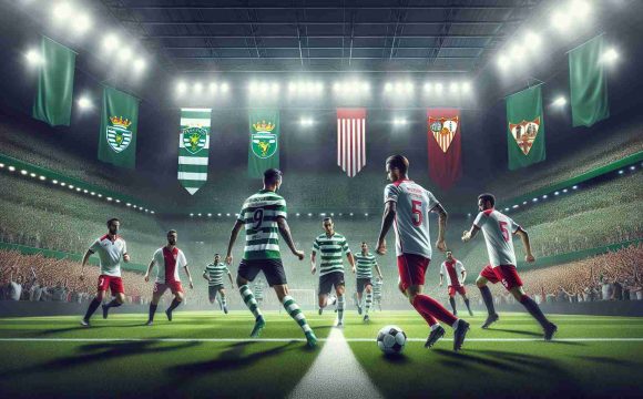 Create a photorealistic HD scenery showing an intense match between two renowned football clubs. One team is clad in green and white stripes, their sign a roaring lion - representing Sporting Lisbon - while on the other side of the field, stands another team dressed in white with a red emblem symbolizing Sevilla. Each side is skillfully maneuvering the ball with their eyes set on victory, their supporters loudly cheering in the background, creating an electric atmosphere. Capture the spots lit stadium, the rich green football pitch, the players in action, and the spectators filled with anticipation, turning the scene into a panorama of high-energy sporting competition.