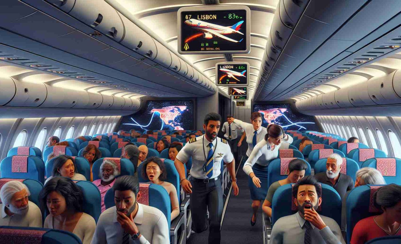 High-definition realistic image depicting a medical emergency scene on an airplane in mid-flight, causing it to divert towards Lisbon. The airplane interior is filled with concerned passengers of various gender and descents including Bahamian, Caucasian, Middle-Eastern and Japanese. Flight attendants, a mix of Filipino men and Italian women, hurry down the aisle to assist a distressed Belgian male passenger, who seems to be the source of the medical emergency. The flight path illustrated on the overhead screens indicates an unplanned route towards Lisbon.