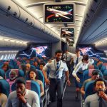 High-definition realistic image depicting a medical emergency scene on an airplane in mid-flight, causing it to divert towards Lisbon. The airplane interior is filled with concerned passengers of various gender and descents including Bahamian, Caucasian, Middle-Eastern and Japanese. Flight attendants, a mix of Filipino men and Italian women, hurry down the aisle to assist a distressed Belgian male passenger, who seems to be the source of the medical emergency. The flight path illustrated on the overhead screens indicates an unplanned route towards Lisbon.