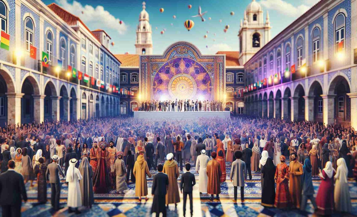 A high-definition realistic image showcasing a global celebration event hosted by a globally recognized travel group in the vibrant city of Lisbon. The scene depicts a lively and multicultural event filled with people of diverse descent - Caucasians, Hispanics, Black individuals, Middle-Easterns, South Asians alike. The background consists of iconic landmarks of Lisbon such as tiled buildings and medieval style architectures.