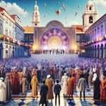 A high-definition realistic image showcasing a global celebration event hosted by a globally recognized travel group in the vibrant city of Lisbon. The scene depicts a lively and multicultural event filled with people of diverse descent - Caucasians, Hispanics, Black individuals, Middle-Easterns, South Asians alike. The background consists of iconic landmarks of Lisbon such as tiled buildings and medieval style architectures.