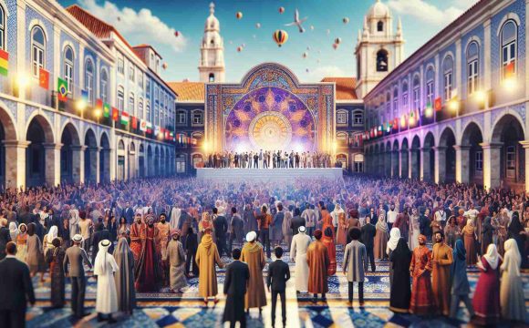 A high-definition realistic image showcasing a global celebration event hosted by a globally recognized travel group in the vibrant city of Lisbon. The scene depicts a lively and multicultural event filled with people of diverse descent - Caucasians, Hispanics, Black individuals, Middle-Easterns, South Asians alike. The background consists of iconic landmarks of Lisbon such as tiled buildings and medieval style architectures.