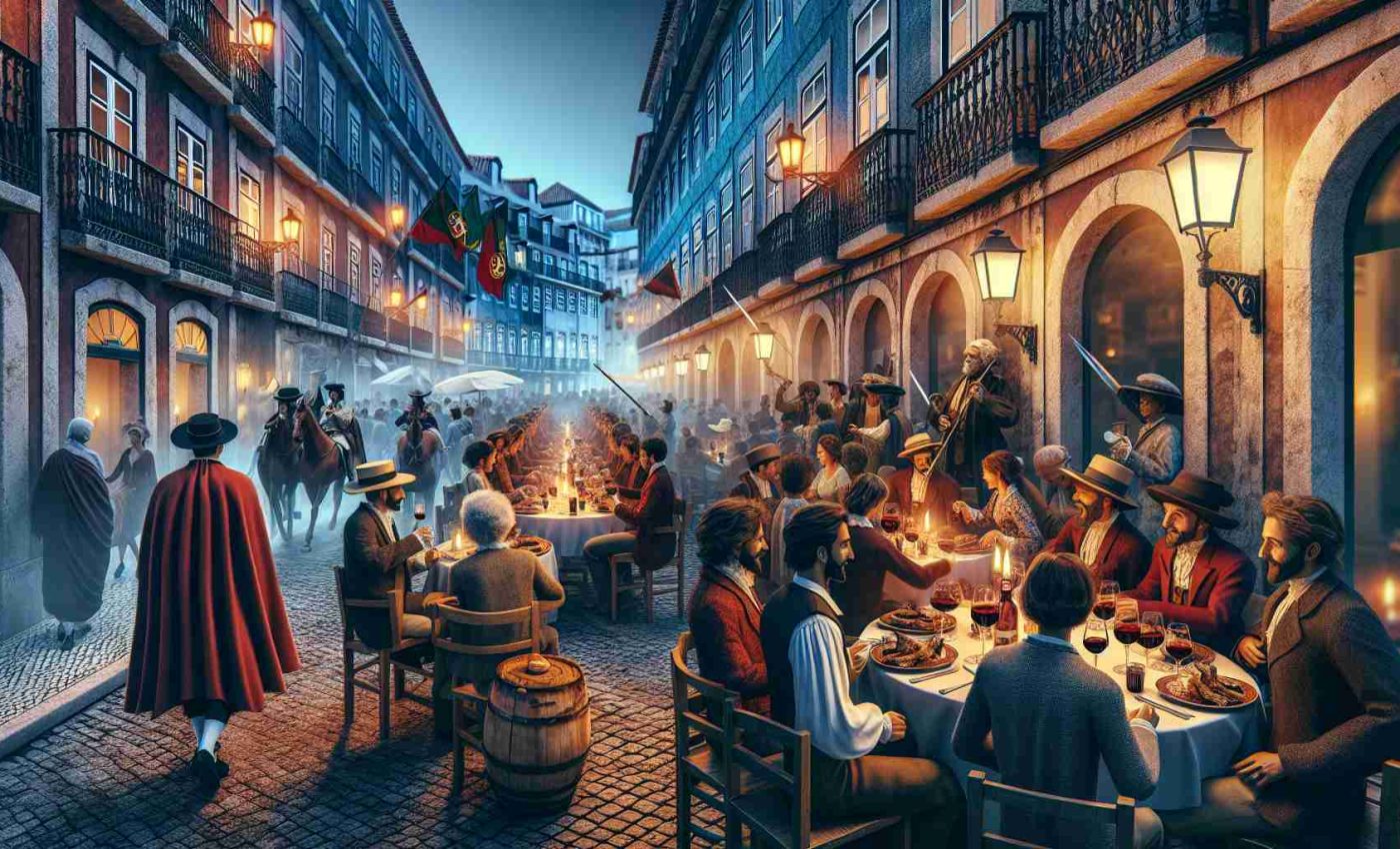 High-definition realistic image of a dining experience in Lisbon embodying the revolutionary spirit. Show a vibrantly lit restaurant, brimming with people of various descents - Bohemian men and women engaged in passionate conversations, plates full of traditional Portuguese cuisine like grilled sardines, bacalhau, or pastéis de nata on wooden tables, and glasses brimming with ruby port wine. The background can contain cobblestone streets bathed in the faint glow of antique street lights, a nod to the rich historical ambiance of Lisbon.