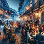 High-definition realistic image of a dining experience in Lisbon embodying the revolutionary spirit. Show a vibrantly lit restaurant, brimming with people of various descents - Bohemian men and women engaged in passionate conversations, plates full of traditional Portuguese cuisine like grilled sardines, bacalhau, or pastéis de nata on wooden tables, and glasses brimming with ruby port wine. The background can contain cobblestone streets bathed in the faint glow of antique street lights, a nod to the rich historical ambiance of Lisbon.