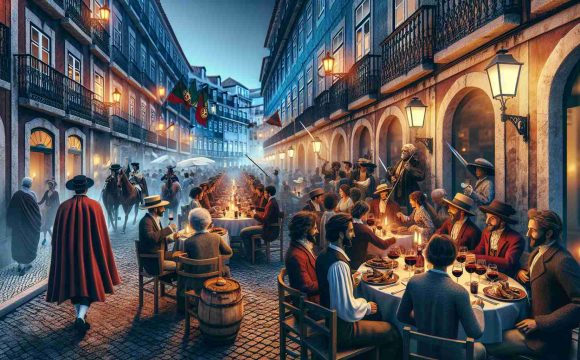 High-definition realistic image of a dining experience in Lisbon embodying the revolutionary spirit. Show a vibrantly lit restaurant, brimming with people of various descents - Bohemian men and women engaged in passionate conversations, plates full of traditional Portuguese cuisine like grilled sardines, bacalhau, or pastéis de nata on wooden tables, and glasses brimming with ruby port wine. The background can contain cobblestone streets bathed in the faint glow of antique street lights, a nod to the rich historical ambiance of Lisbon.