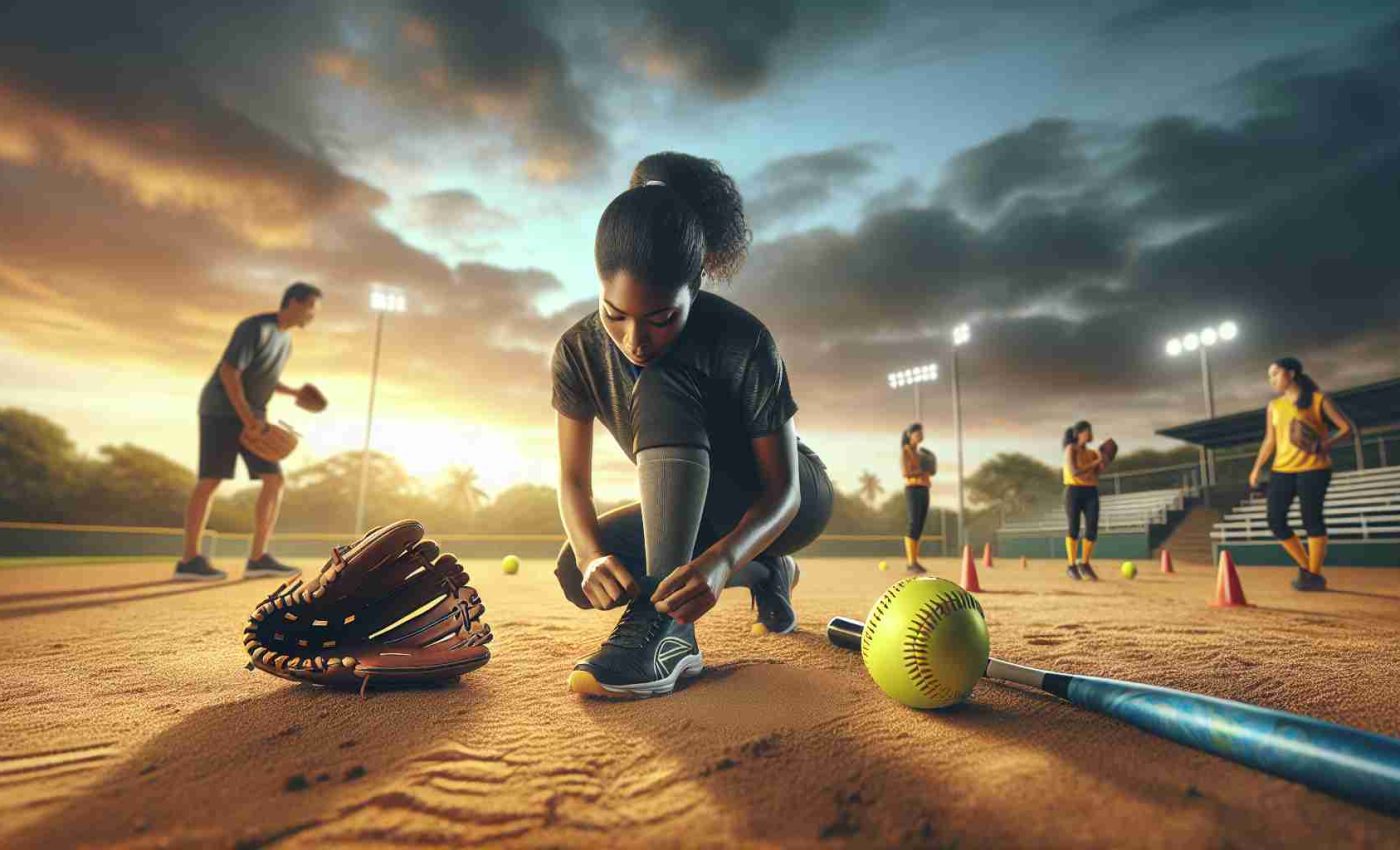 Generate a realistic, high-definition image representing the concept of 'New Beginnings' in the context of softball. The scene takes place on a pristine sandy softball diamond. The sky is painted with hues of dawn, signalling a fresh start. In the foreground, a black female athlete is meticulously tying her cleats, her brand new glove and bright yellow softball next to her. Her expression is focused, filled with anticipation and determination. In the middle ground, a South Asian male coach is setting up the equipment, arranging cones for upcoming drills. The sight is inspiring, hinting at the immense possibilities that this new beginning holds.