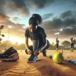 Generate a realistic, high-definition image representing the concept of 'New Beginnings' in the context of softball. The scene takes place on a pristine sandy softball diamond. The sky is painted with hues of dawn, signalling a fresh start. In the foreground, a black female athlete is meticulously tying her cleats, her brand new glove and bright yellow softball next to her. Her expression is focused, filled with anticipation and determination. In the middle ground, a South Asian male coach is setting up the equipment, arranging cones for upcoming drills. The sight is inspiring, hinting at the immense possibilities that this new beginning holds.