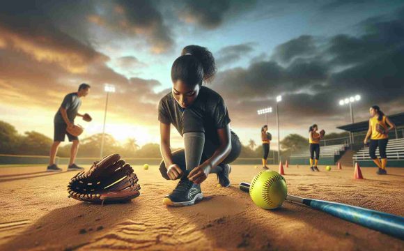 Generate a realistic, high-definition image representing the concept of 'New Beginnings' in the context of softball. The scene takes place on a pristine sandy softball diamond. The sky is painted with hues of dawn, signalling a fresh start. In the foreground, a black female athlete is meticulously tying her cleats, her brand new glove and bright yellow softball next to her. Her expression is focused, filled with anticipation and determination. In the middle ground, a South Asian male coach is setting up the equipment, arranging cones for upcoming drills. The sight is inspiring, hinting at the immense possibilities that this new beginning holds.