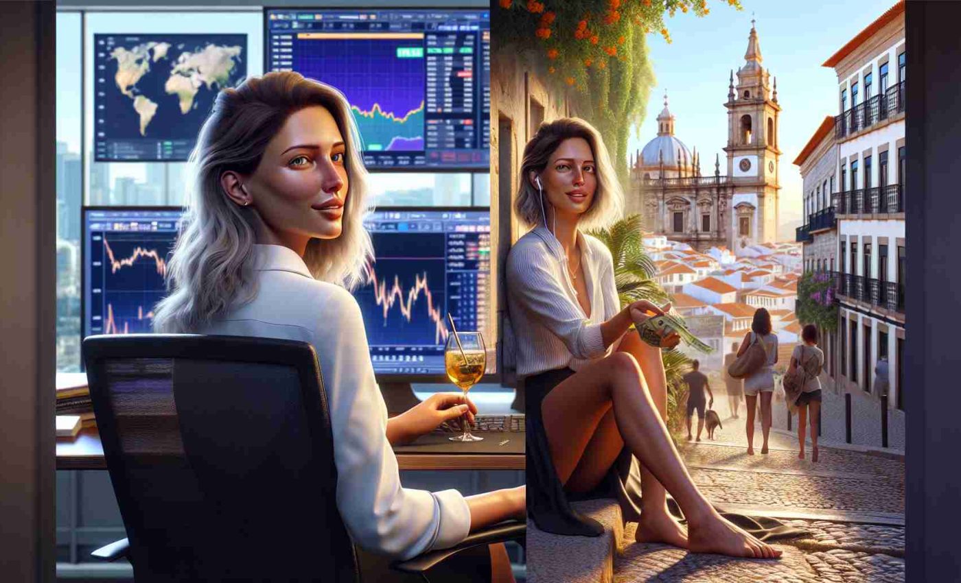 Realistic and high-definition image that depicts the life transformation of a female character who has Caucasian descent. The first scene showcases her as a successful currency consultant, perhaps at a bustling city office with screens displaying international exchange rates, whereas the second scene depicts her enjoying a simpler life in a beautiful Portuguese town. Emphasize the stark differences in her attire, environment, and overall demeanor between the two phases of her life.