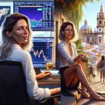 Realistic and high-definition image that depicts the life transformation of a female character who has Caucasian descent. The first scene showcases her as a successful currency consultant, perhaps at a bustling city office with screens displaying international exchange rates, whereas the second scene depicts her enjoying a simpler life in a beautiful Portuguese town. Emphasize the stark differences in her attire, environment, and overall demeanor between the two phases of her life.