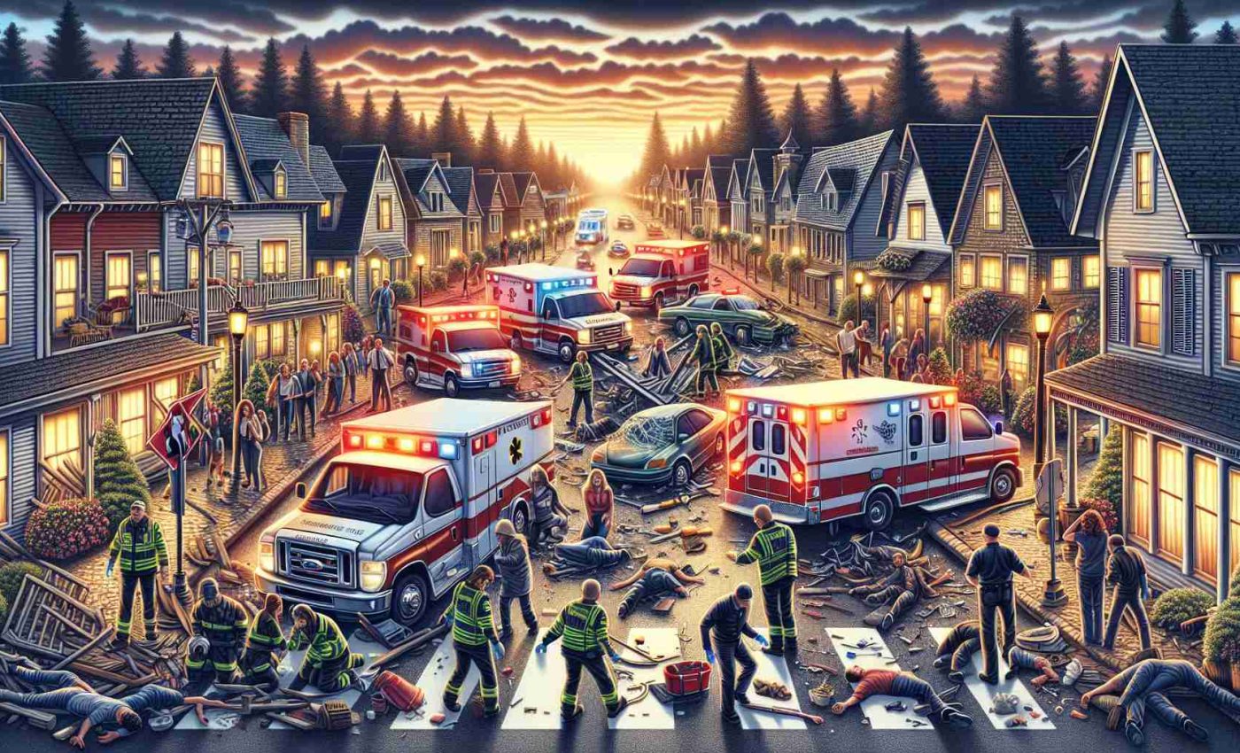 A detailed, high-definition illustration of a tragic mishap in a small town: flare lights of ambulances and police cars illuminating the quaint streets, toppled-over road signs, scattered debris, people of different descents and genders expressing shock and grief, professionals of mixed genders and various descents engaged in rescue operations, against the backdrop of a serene sunset that contrasts the chaos.