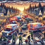 A detailed, high-definition illustration of a tragic mishap in a small town: flare lights of ambulances and police cars illuminating the quaint streets, toppled-over road signs, scattered debris, people of different descents and genders expressing shock and grief, professionals of mixed genders and various descents engaged in rescue operations, against the backdrop of a serene sunset that contrasts the chaos.