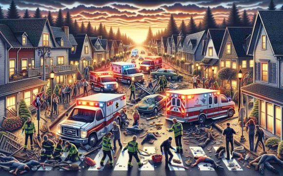 A detailed, high-definition illustration of a tragic mishap in a small town: flare lights of ambulances and police cars illuminating the quaint streets, toppled-over road signs, scattered debris, people of different descents and genders expressing shock and grief, professionals of mixed genders and various descents engaged in rescue operations, against the backdrop of a serene sunset that contrasts the chaos.
