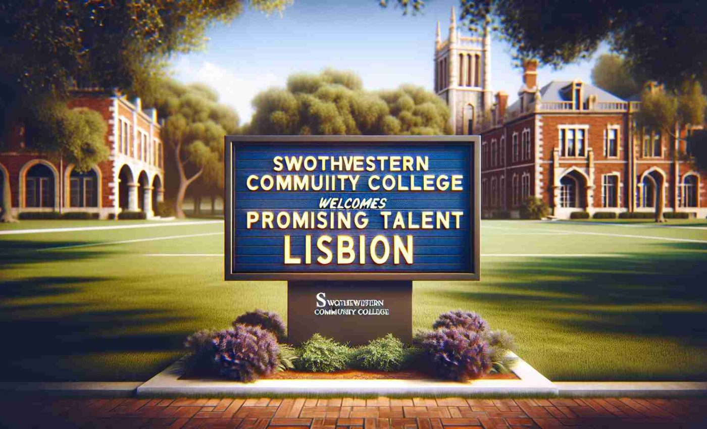 Generate a high-definition, realistic image of a sign that reads 'Southwestern Community College Welcomes Promising Talent from Lisbon'. The sign should be displayed prominently in a typical college backdrop with lush green fields, mature trees, and beautiful buildings crafted of brick and stone. The atmosphere should be warm and welcoming, reflecting the excitement and anticipation of the new academic session.