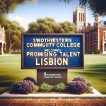 Generate a high-definition, realistic image of a sign that reads 'Southwestern Community College Welcomes Promising Talent from Lisbon'. The sign should be displayed prominently in a typical college backdrop with lush green fields, mature trees, and beautiful buildings crafted of brick and stone. The atmosphere should be warm and welcoming, reflecting the excitement and anticipation of the new academic session.