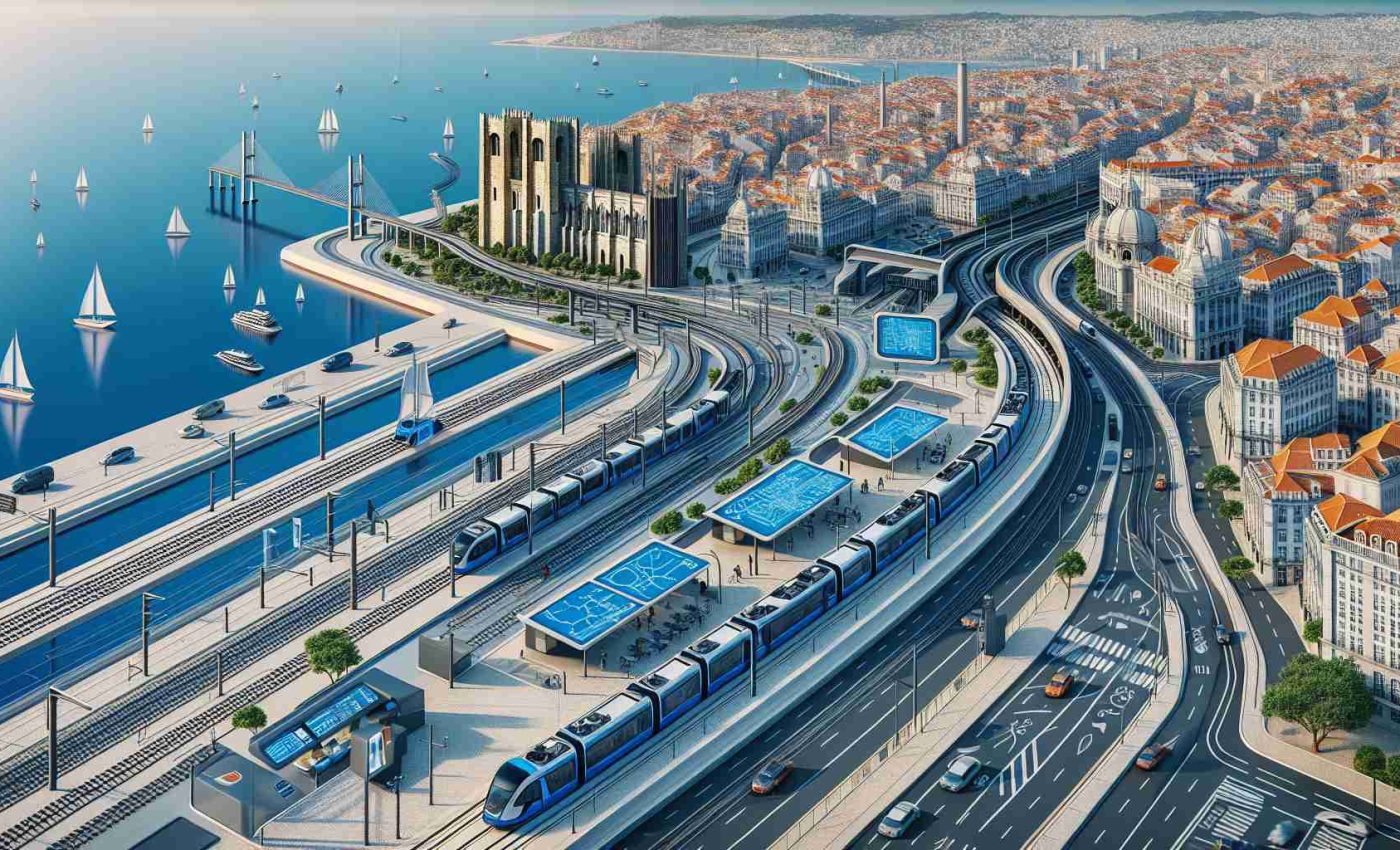 Create a high-resolution, realistic rendering of the future plans for Lisbon's Transportation Infrastructure. The picture should depict various transportation means, including but not limited to, electrified rail systems, new route maps, modern bus stations, high-tech traffic management systems, spacious pedestrian walkways, and efficient bicycle lanes. These elements should be laid out over a blue-print style layout of the city, with landmarks like Lisbon Cathedral, Belem Tower, and the Tagus River. Please ensure the design encapsulates a sense of advancing technology, sustainability, and urban development.