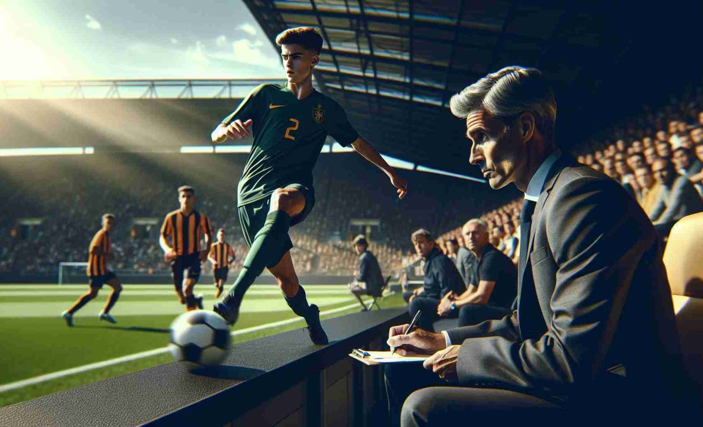 A highly-detailed photo showcasing a talent scout from a prominent English football club observing an emerging skillful player from a Portuguese club. They are at a football stadium, surrounded by the energetic atmosphere of a live match. Focus on the dynamic actions of the upcoming player displaying his football skills on the field, and the scout in the stands, with an intense, interested expression, taking notes. Set the scene during the daytime, with brilliant sunlight casting dynamic shadows around the field.