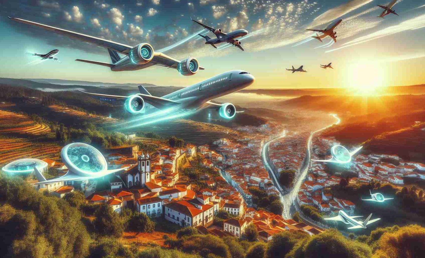 An ultra-high-definition photo illustrating the futuristic concept of air travel in Portugal. Visualize futuristic airplanes flying through the clear azure sky amongst a backdrop of lush, green landscape interspersed with quaint Portuguese cities. The scene prominently features advanced technology suggesting green and sustainable air travel alternatives, like electric or solar powered airplanes. The setting sun casts a warm, golden hue over this optimistic view into the future of eco-friendly air travel in Portugal.