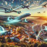 An ultra-high-definition photo illustrating the futuristic concept of air travel in Portugal. Visualize futuristic airplanes flying through the clear azure sky amongst a backdrop of lush, green landscape interspersed with quaint Portuguese cities. The scene prominently features advanced technology suggesting green and sustainable air travel alternatives, like electric or solar powered airplanes. The setting sun casts a warm, golden hue over this optimistic view into the future of eco-friendly air travel in Portugal.