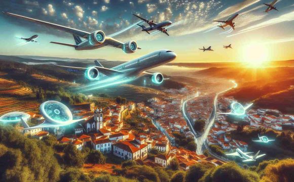 An ultra-high-definition photo illustrating the futuristic concept of air travel in Portugal. Visualize futuristic airplanes flying through the clear azure sky amongst a backdrop of lush, green landscape interspersed with quaint Portuguese cities. The scene prominently features advanced technology suggesting green and sustainable air travel alternatives, like electric or solar powered airplanes. The setting sun casts a warm, golden hue over this optimistic view into the future of eco-friendly air travel in Portugal.