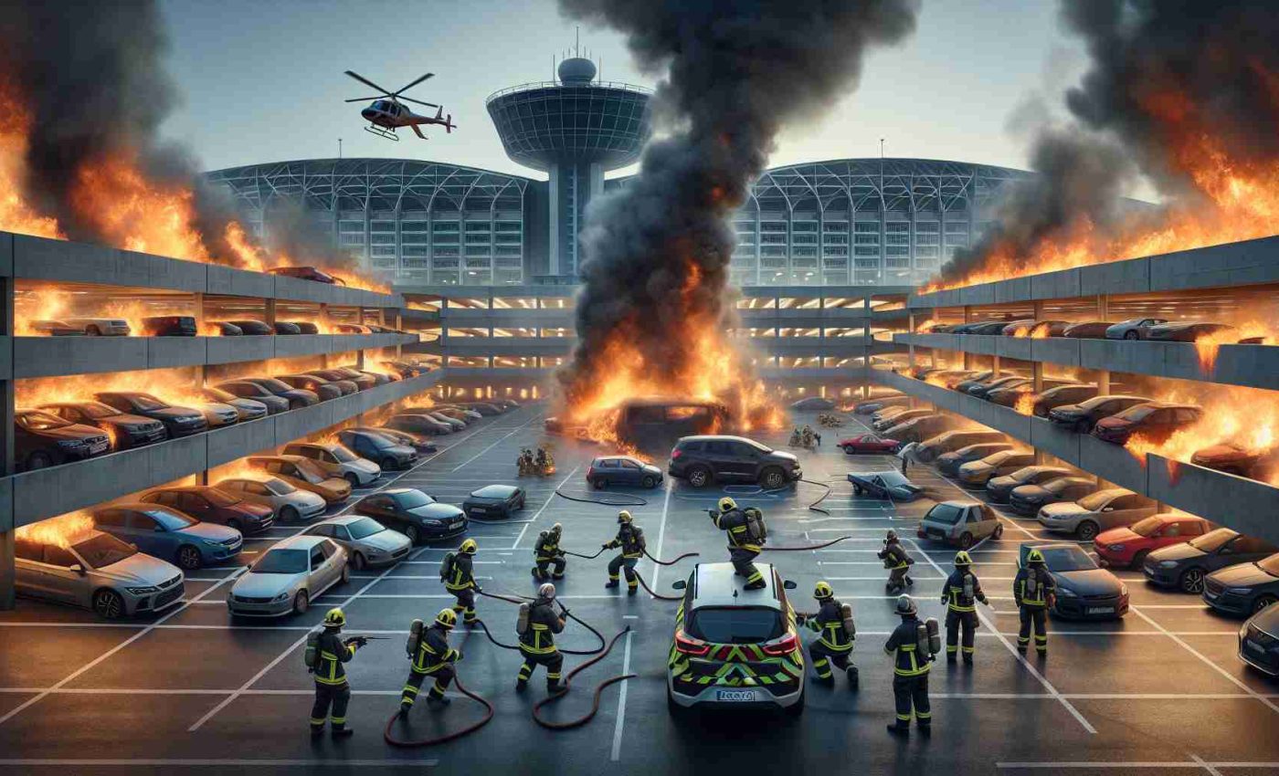 A high-definition, realistic image of a team of firefighters diligently working to contain a raging fire in a busy parking garage secure. The location is near a major international airport similar to Lisbon's. The firefighters are an assorted group, with members of diverse genders and descents, including Caucasian, Hispanic, Black, Middle-Eastern, South Asian. They display determination and teamwork as they combat the blazing inferno, with several parked cars ominously shrouded in smoke. The airport's facade can be seen in the background.