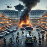 A high-definition, realistic image of a team of firefighters diligently working to contain a raging fire in a busy parking garage secure. The location is near a major international airport similar to Lisbon's. The firefighters are an assorted group, with members of diverse genders and descents, including Caucasian, Hispanic, Black, Middle-Eastern, South Asian. They display determination and teamwork as they combat the blazing inferno, with several parked cars ominously shrouded in smoke. The airport's facade can be seen in the background.