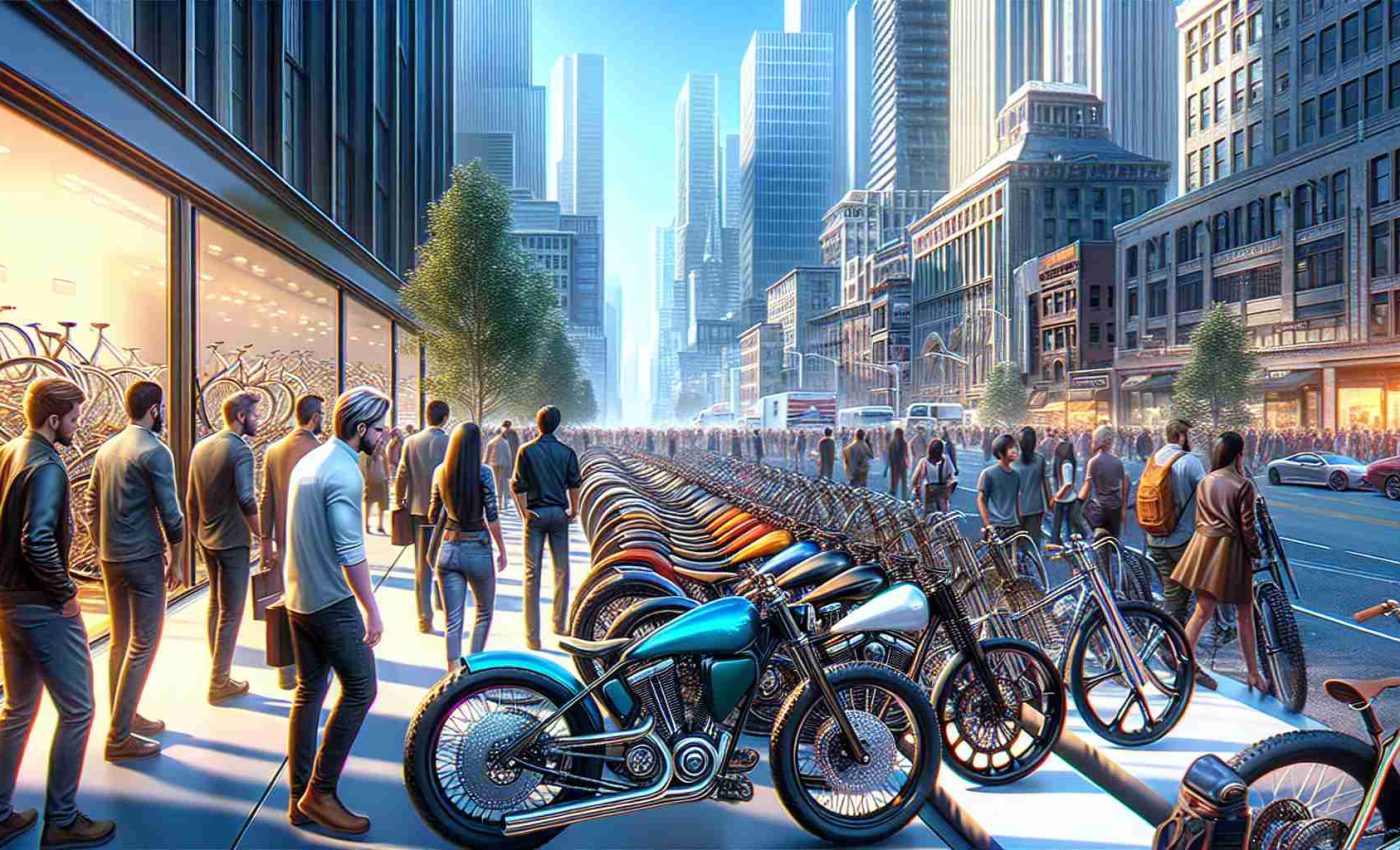 A high-resolution, detailed and vivid image of a new bike showcase, strutting the streets with panache. The scene captures different types of bikes lined up, each boasting unique designs and features. The atmosphere is bustling with excitement as people of various genders and descents closely examine the bikes and admire their aesthetics. The setting is in an urban, modern backdrop with towering buildings and busy streets, under a clear blue sky.