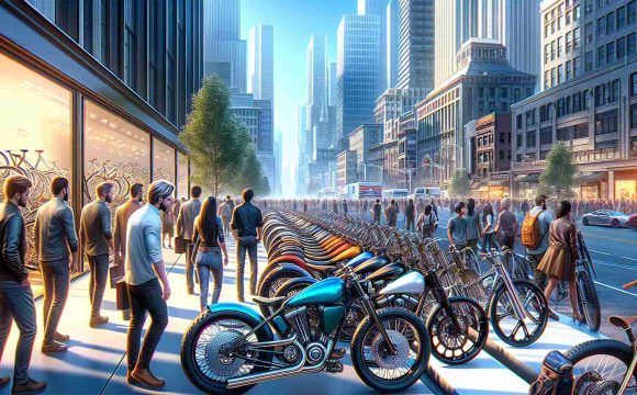 A high-resolution, detailed and vivid image of a new bike showcase, strutting the streets with panache. The scene captures different types of bikes lined up, each boasting unique designs and features. The atmosphere is bustling with excitement as people of various genders and descents closely examine the bikes and admire their aesthetics. The setting is in an urban, modern backdrop with towering buildings and busy streets, under a clear blue sky.