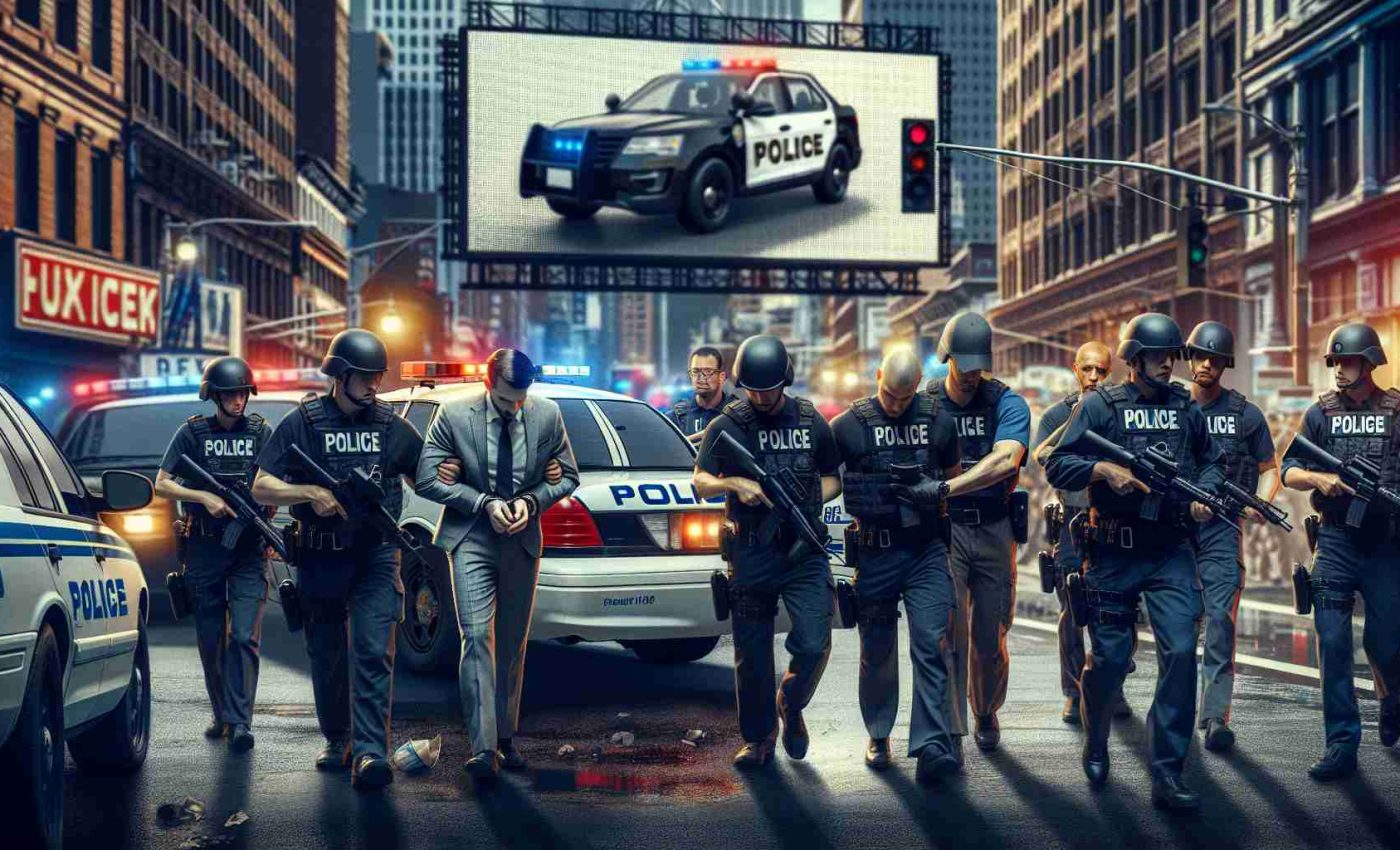 Realistic HD photo portraying an intense moment in a city, with roadblocks, flashing police lights, and uniformed officers. In the center of the image, a man with handcuffs being led into a police car by a diverse group of law enforcement officers. Behind them, a large digital billboard is displaying the headline 'Suspect Apprehended in High-Profile Case'.