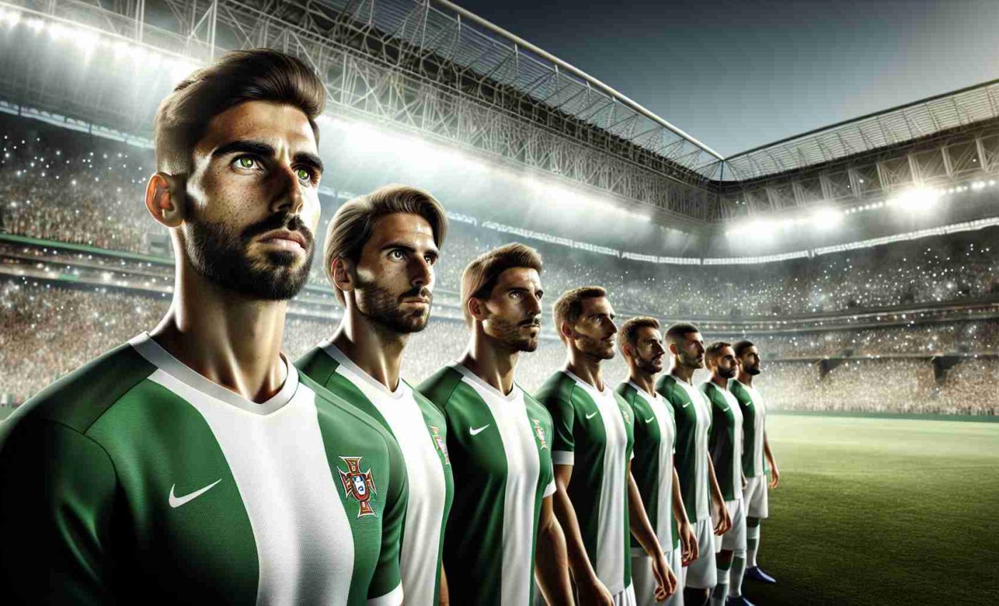 An ultra high definition, realistic photograph showcasing a group of dedicated soccer players, donned in green and white uniforms, standing on the pitch of a large stadium filled with a roar of passionate fans in the heart of Lisbon, Portugal. Their eyes are gleaming with focus and determination, their posture radiates with anticipation and the vision of championship glory is tangible within their reach.