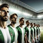 An ultra high definition, realistic photograph showcasing a group of dedicated soccer players, donned in green and white uniforms, standing on the pitch of a large stadium filled with a roar of passionate fans in the heart of Lisbon, Portugal. Their eyes are gleaming with focus and determination, their posture radiates with anticipation and the vision of championship glory is tangible within their reach.