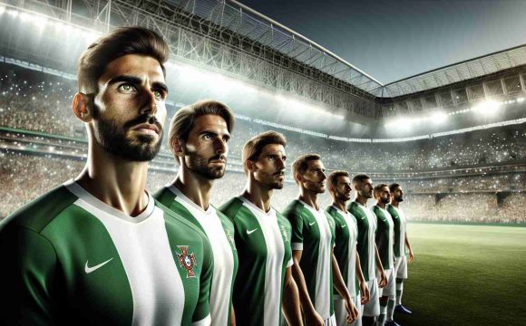 An ultra high definition, realistic photograph showcasing a group of dedicated soccer players, donned in green and white uniforms, standing on the pitch of a large stadium filled with a roar of passionate fans in the heart of Lisbon, Portugal. Their eyes are gleaming with focus and determination, their posture radiates with anticipation and the vision of championship glory is tangible within their reach.