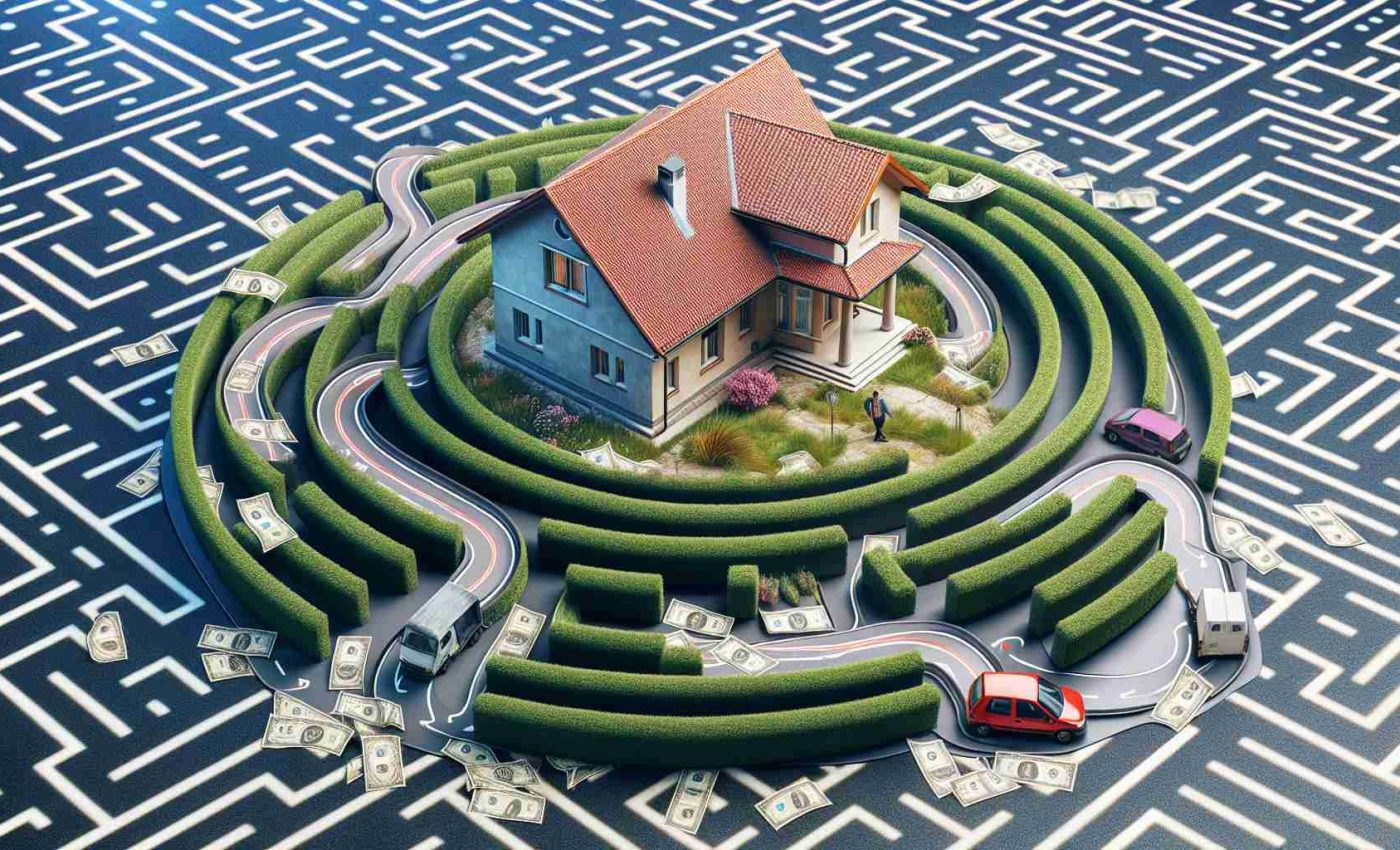 Generate a realistic, high-definition image that represents the concept of unexpected turns leaving homeowners struggling. This could include symbolic representations such as a twisting road or labyrinth overlaying a house, or more literal interpretations like homeowners grappling with surprise repairs or bills.