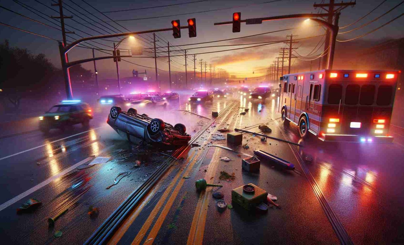 A high-definition, ultra-realistic image depicting a tragic scene where an unfortunate accident has taken place. The setting is a chaotic road at twilight. Emergency vehicles with flashing lights are scattered across the scene. Skid marks on the wet asphalt suggest a car collision. An overturned vehicle and a smashed streetlight paint a grim picture. There's a sense of gravity and urgency in the air, although no people are visible in the image. The sky displays an ominous mix of orange and purple hues, highlighting the fatal outcome of the incident.