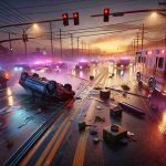 A high-definition, ultra-realistic image depicting a tragic scene where an unfortunate accident has taken place. The setting is a chaotic road at twilight. Emergency vehicles with flashing lights are scattered across the scene. Skid marks on the wet asphalt suggest a car collision. An overturned vehicle and a smashed streetlight paint a grim picture. There's a sense of gravity and urgency in the air, although no people are visible in the image. The sky displays an ominous mix of orange and purple hues, highlighting the fatal outcome of the incident.