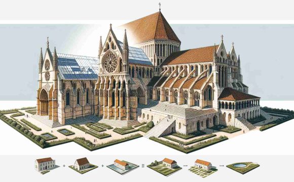 Create a detailed, high-definition illustration presenting an ancient Medieval Monastery that has been transformed and revitalized. The original structure should be robust yet worn with time and weather, with distinct Gothic architectural elements like pointed arches, ribbed vaults, and flying buttresses. The transformation element should be noteworthy: this could include glass-paneled portions, solar panels, or modern landscaping features seamlessly integrated with the historic framework. It should convey an impressive fusion of old and new, where modern innovation enlivens the daunting magnificence of medieval architecture.