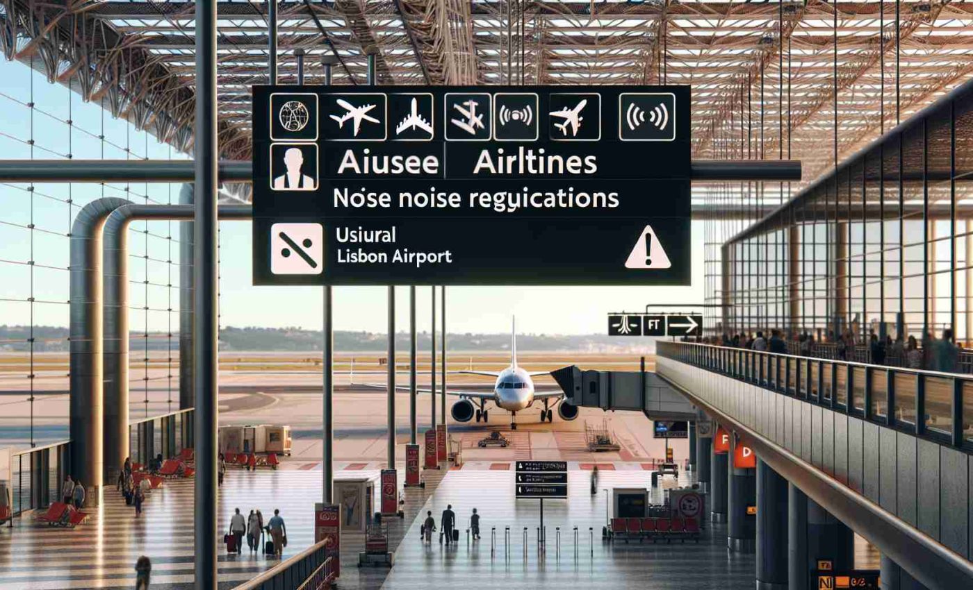 An HD image of signage at an airport terminal urging airlines to adhere to noise regulations. The sign is bold, clear, and well-lit. The airport is bustling with passengers hurrying to catch their flights. The location is Lisbon Airport, and indicators of this can be seen such as usual local signage languages and design style. On the runway, planes are seen either landing or preparing for take-off. Structures of the airport, such as the control tower, are also visible in the background.