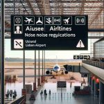 An HD image of signage at an airport terminal urging airlines to adhere to noise regulations. The sign is bold, clear, and well-lit. The airport is bustling with passengers hurrying to catch their flights. The location is Lisbon Airport, and indicators of this can be seen such as usual local signage languages and design style. On the runway, planes are seen either landing or preparing for take-off. Structures of the airport, such as the control tower, are also visible in the background.