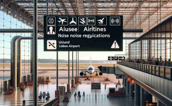 An HD image of signage at an airport terminal urging airlines to adhere to noise regulations. The sign is bold, clear, and well-lit. The airport is bustling with passengers hurrying to catch their flights. The location is Lisbon Airport, and indicators of this can be seen such as usual local signage languages and design style. On the runway, planes are seen either landing or preparing for take-off. Structures of the airport, such as the control tower, are also visible in the background.