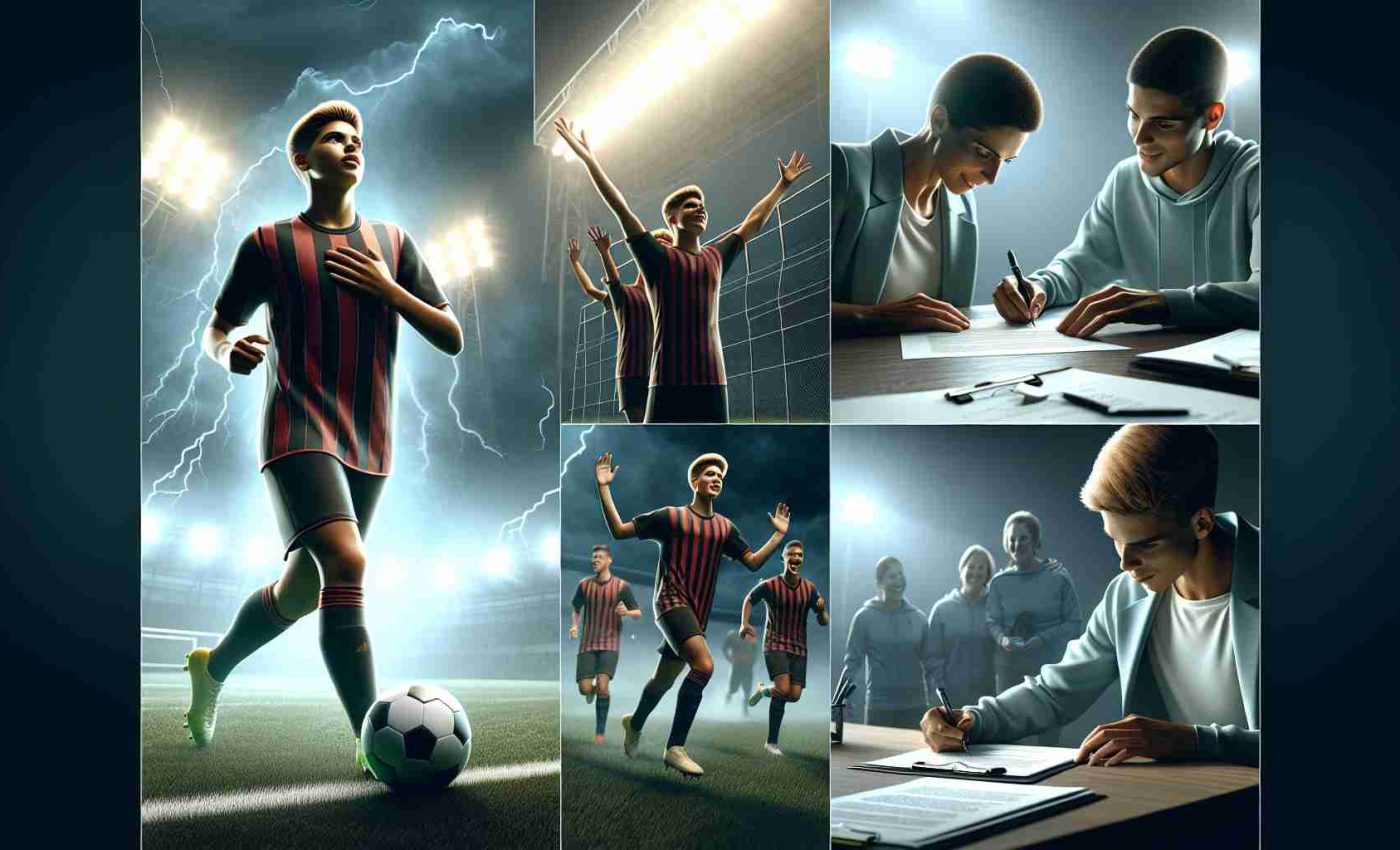 Generate a high definition, realistic image showing a few crucial moments in the journey of an emerging young football talent. Include scenes such as the player, a Hispanic male, demonstrating his skills during an intense match under floodlights, signing his first professional contract with a renowned football club, celebrating his first goal with teammates, and receiving coaching instructions from his coach, a Caucasian woman. The atmosphere should be one of excitement and anticipation, reflecting the promising future that lies ahead for this budding football superstar.