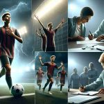 Generate a high definition, realistic image showing a few crucial moments in the journey of an emerging young football talent. Include scenes such as the player, a Hispanic male, demonstrating his skills during an intense match under floodlights, signing his first professional contract with a renowned football club, celebrating his first goal with teammates, and receiving coaching instructions from his coach, a Caucasian woman. The atmosphere should be one of excitement and anticipation, reflecting the promising future that lies ahead for this budding football superstar.