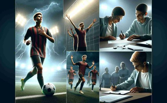 Generate a high definition, realistic image showing a few crucial moments in the journey of an emerging young football talent. Include scenes such as the player, a Hispanic male, demonstrating his skills during an intense match under floodlights, signing his first professional contract with a renowned football club, celebrating his first goal with teammates, and receiving coaching instructions from his coach, a Caucasian woman. The atmosphere should be one of excitement and anticipation, reflecting the promising future that lies ahead for this budding football superstar.