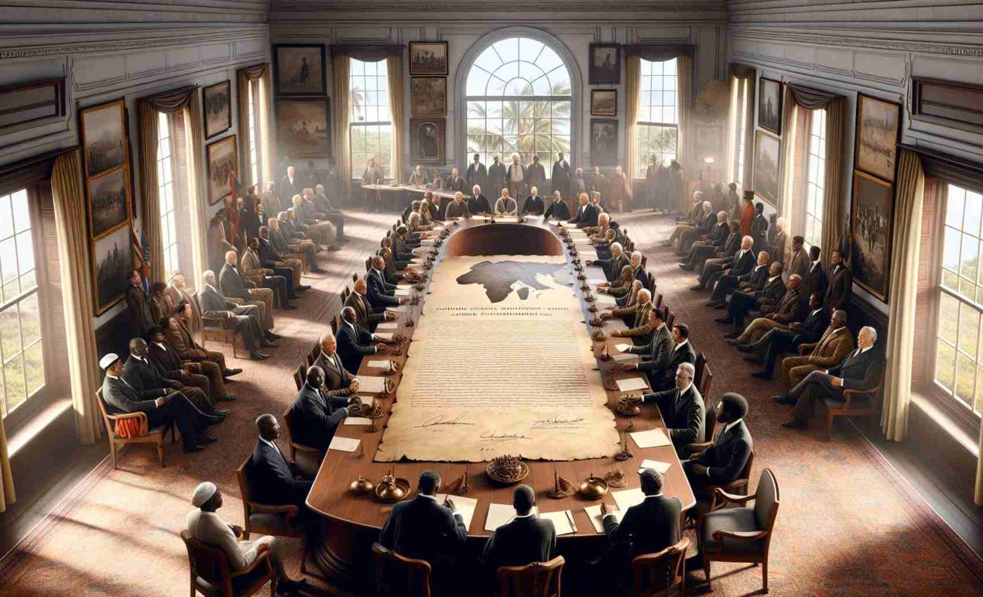 Generate a realistic HD image showcasing a symbolic event. Display a meeting room filled with several people of mixed genders and varying descents, such as Caucasian, Black, and Hispanic, seated around a large wooden table draped in a map of African territories. Have a prominent document signed and dated, symbolizing the granting of independence, placed commanding at the center of the table. The room should also contain Portuguese themed décor to signify it is a Portuguese decision-making event. However, do not depict any direct political figures or specific individuals. Outside, through the window, show a hint of a celebratory crowd.