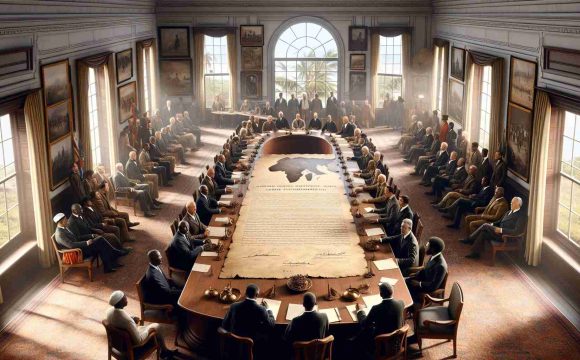 Generate a realistic HD image showcasing a symbolic event. Display a meeting room filled with several people of mixed genders and varying descents, such as Caucasian, Black, and Hispanic, seated around a large wooden table draped in a map of African territories. Have a prominent document signed and dated, symbolizing the granting of independence, placed commanding at the center of the table. The room should also contain Portuguese themed décor to signify it is a Portuguese decision-making event. However, do not depict any direct political figures or specific individuals. Outside, through the window, show a hint of a celebratory crowd.